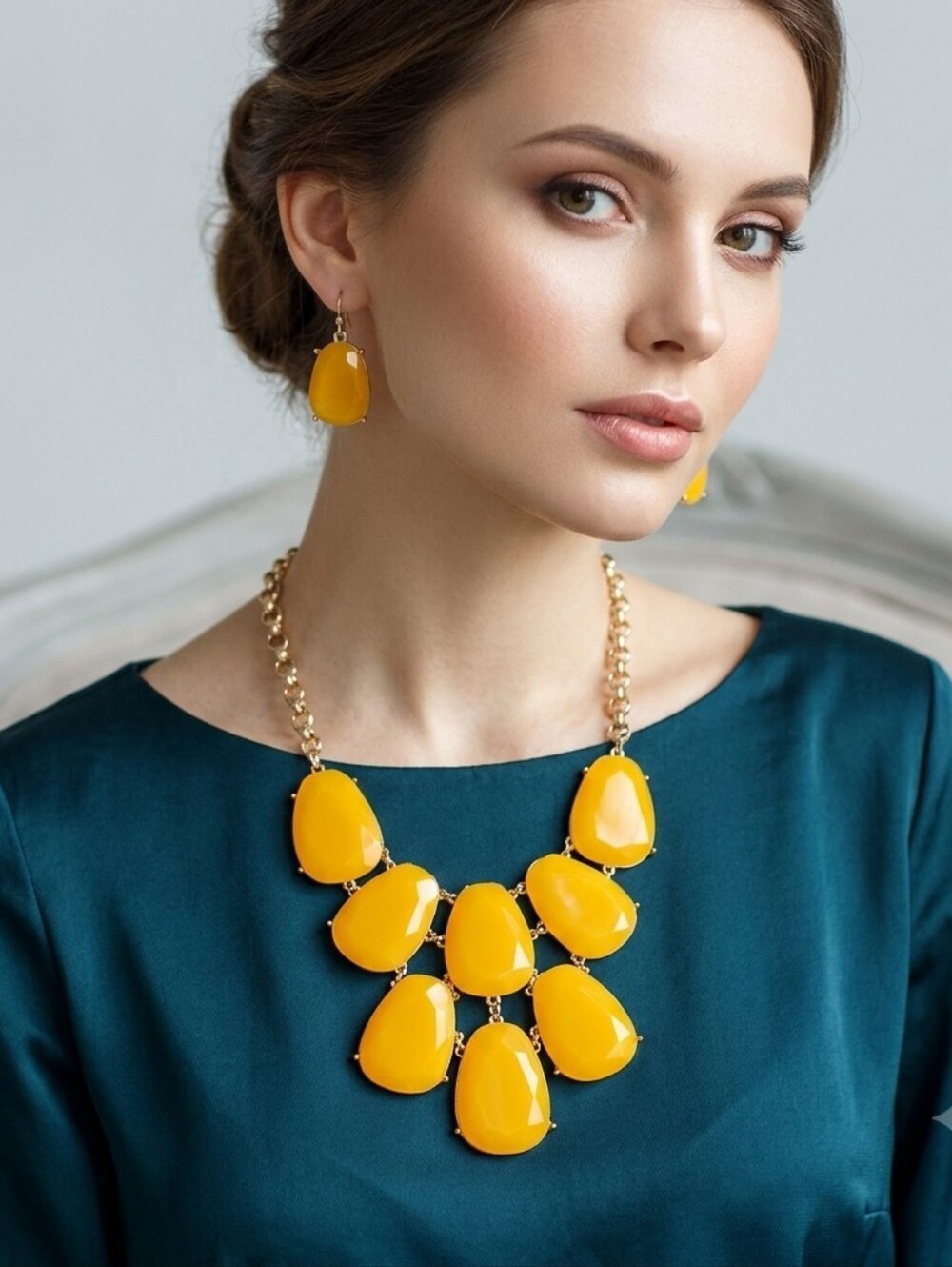 Bright Yellow Statement Tear Drop Cluster Necklace & Matching Earrings Set